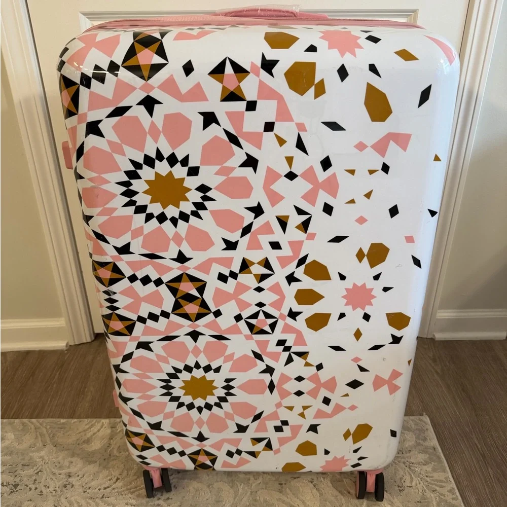 Geometric Patterned Pink and Gold Suitcase
